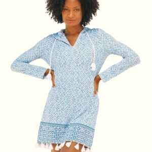 CABANA LIFE Blue/White Hooded-Tassels Cover Up Long Sleeve Mini UPF 50+